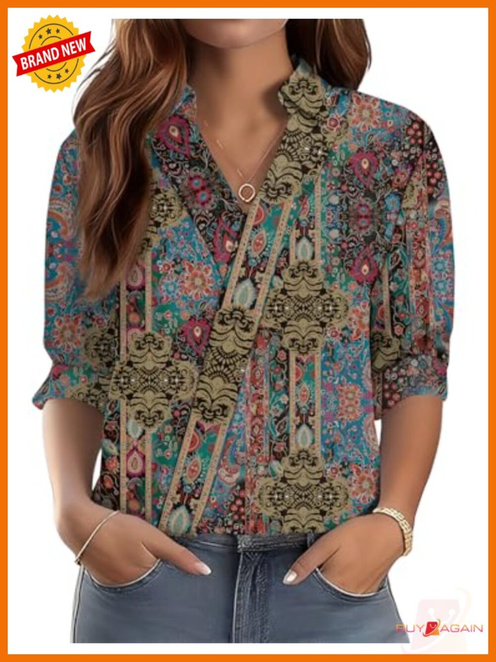 3/4 Sleeve V Neck Collared Dressy Blouse Business Casual Work Top
